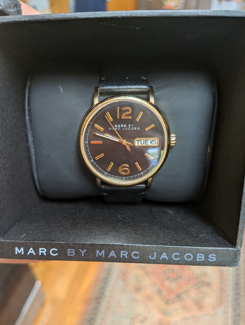 Marc By Marc Jacobs Fergus Gold Black Dial Black Leather Women's Watch MBM1388